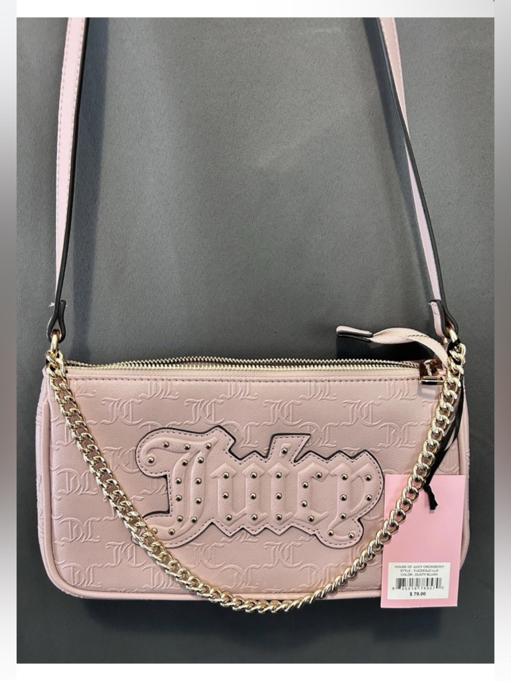 Juicy Couture Pale Pink Embossed Logo Crossbody with Gold Chain